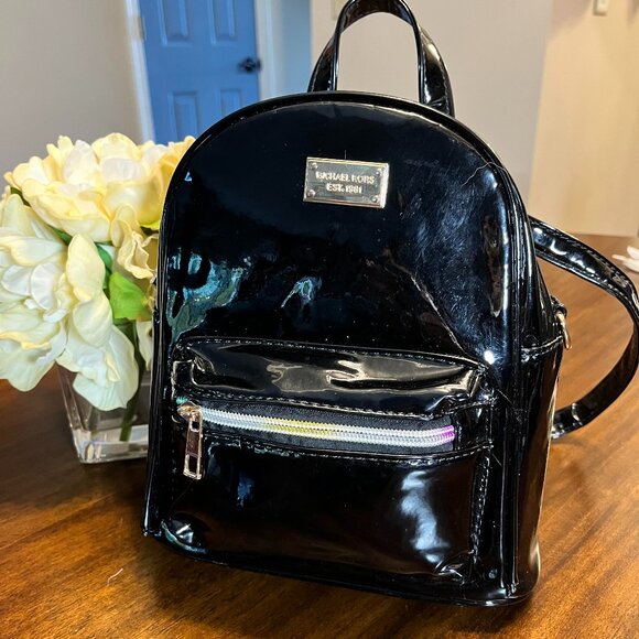 Michael Kors Black Patent Leather Mini Backpack With Rainbow Zippers 7"x 9"x 4" - Picture 1 of 7